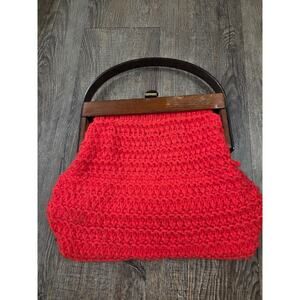 1940s 1950s Antique Crochet Wood Hinged Hand-Crafted Red/Orange Purse Hand Bag